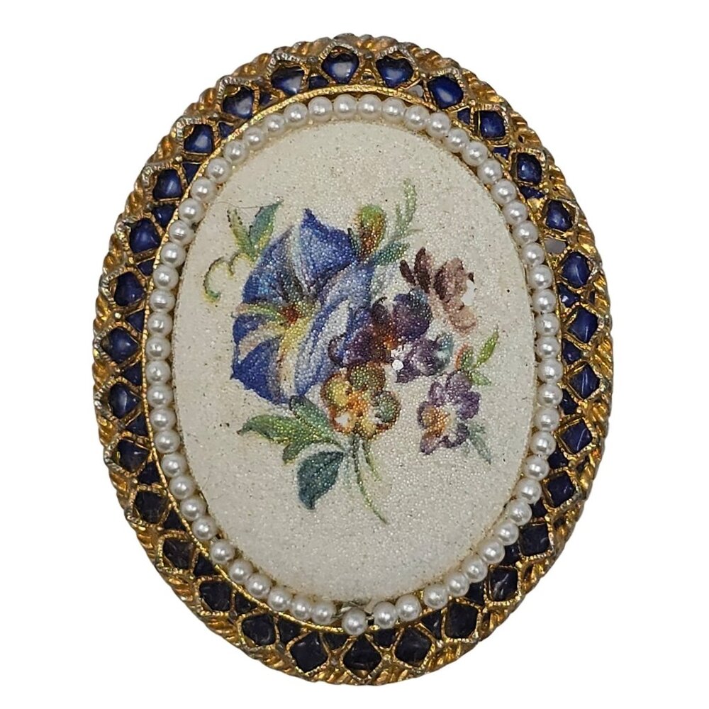 Vintage 1980s Floral Ceramic Cabochon Brooch Pin with Blue Border & Faux Pearls